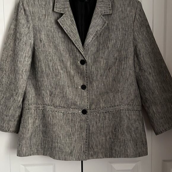 ‎KASPER 100% LINEN GREY/BLACK 3/4 SLEEVE BLAZER SIZE 18 - Picture 3 of 13